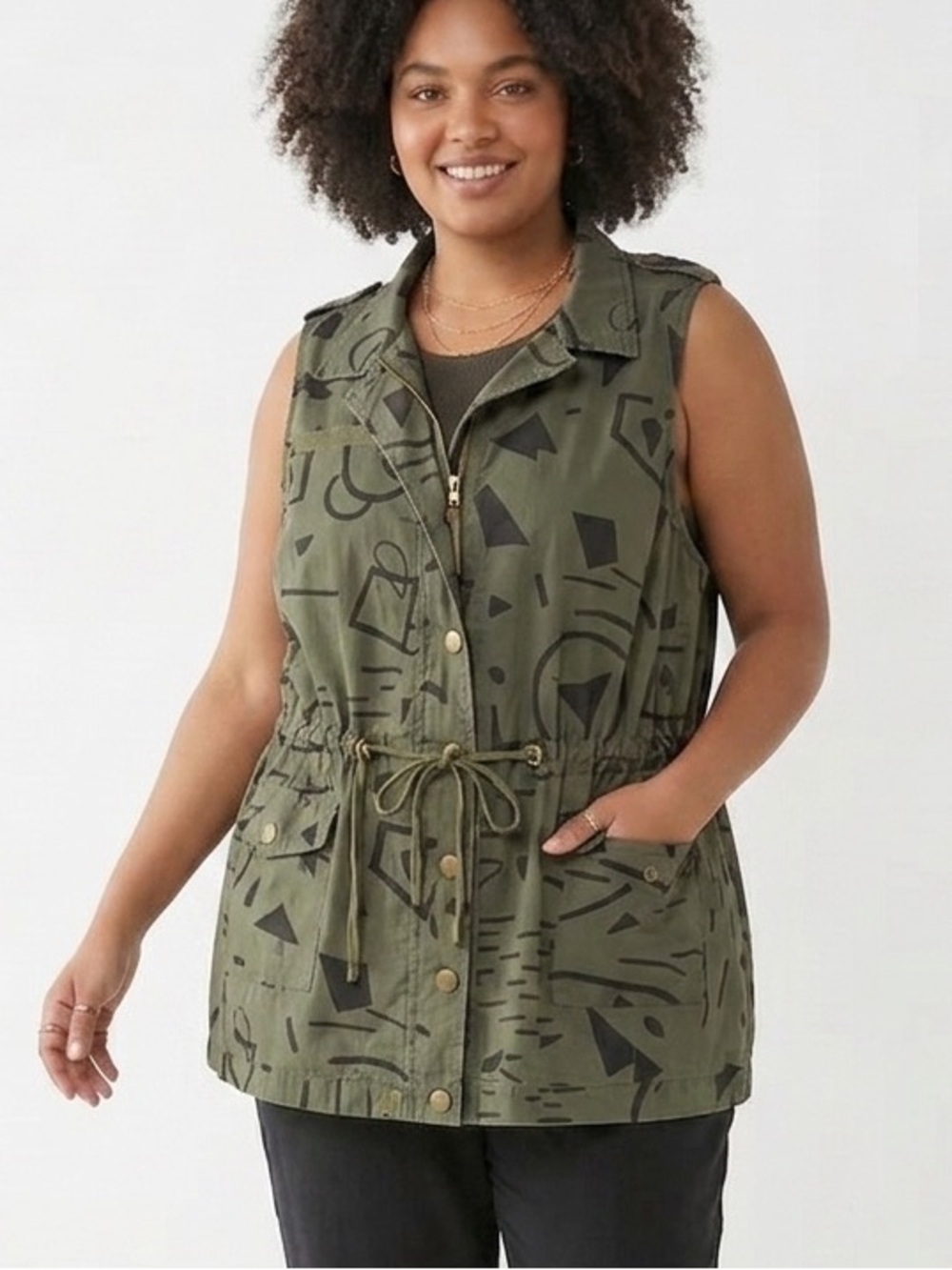Forever 21+ Plus Olive Green Abstract Graffiti Print Utility Cargo Vest 1X -535